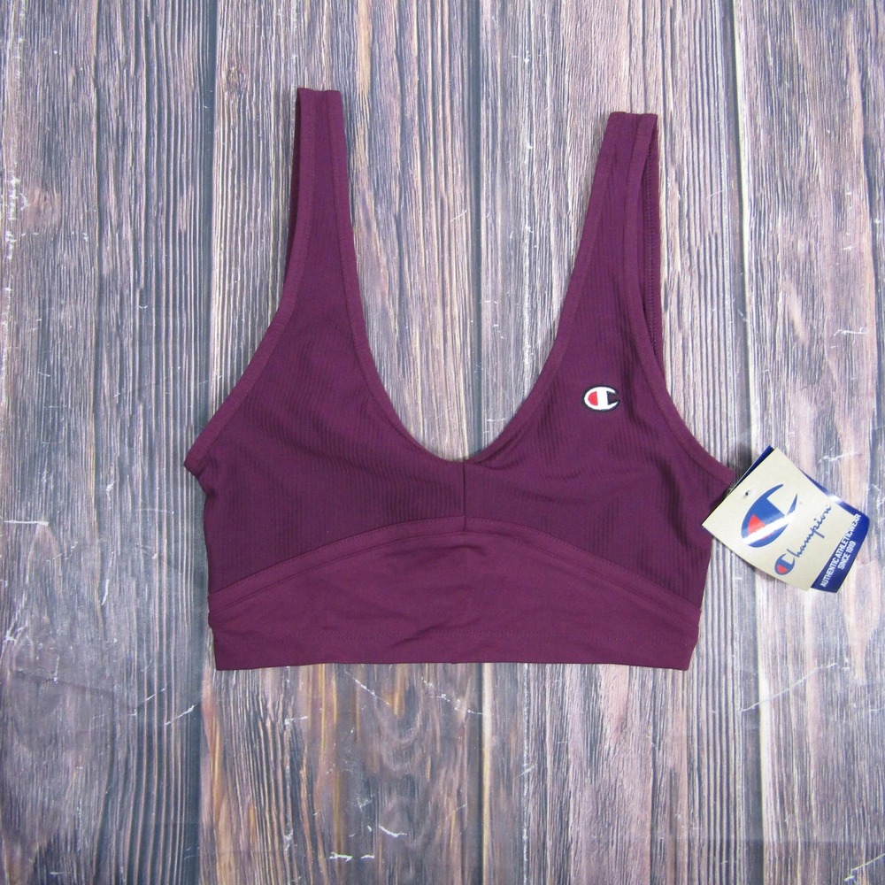 Champion Sports Bra Womens Small Dark Berry Purple Ribbed Scoop Logo WL9315